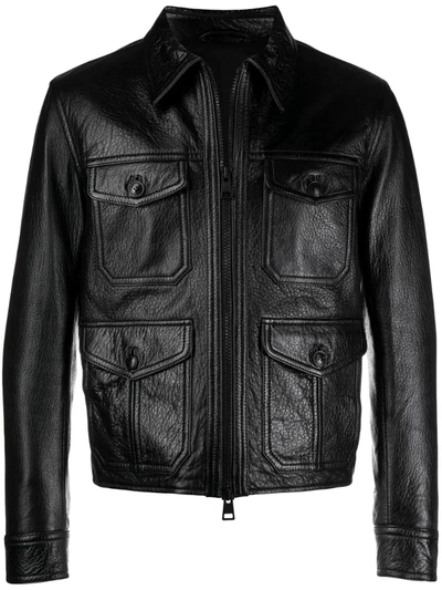 Ami Alexandre Mattiussi Black Men's Black Zipped Leather Jacket