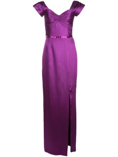 Marchesa Notte Off-the-shoulder Twist-front Satin-piqué Gown In Purple