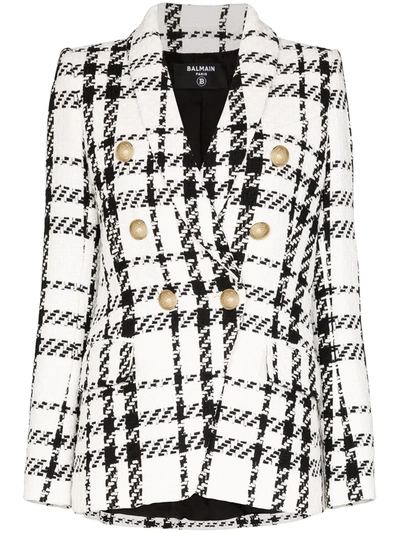 Balmain Double-breasted Checked Tweed Blazer In White/black