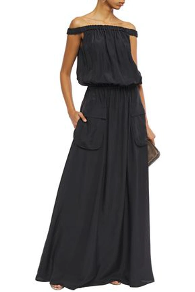 Brunello Cucinelli Off-the-shoulder Gathered Silk Crepe De Chine Maxi Dress In Charcoal