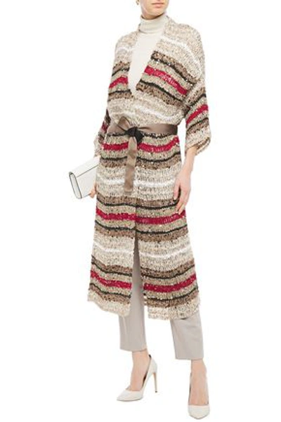 Brunello Cucinelli Sequin-embellished Striped Open-knit Cotton-blend Cardigan In Sand