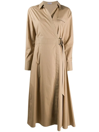 Brunello Cucinelli Bead-embellished Cotton-poplin Wrap Shirt Dress In Tan