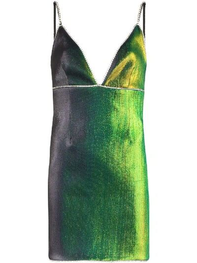 Area Stretch Lamé Mini Dress W/crystal Straps In Green