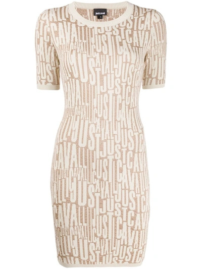 Just Cavalli All-over Logo Knit Dress In Neutrals