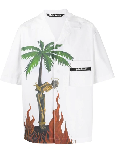 Palm Angels Burning Skeleton Bowling Shirt In White