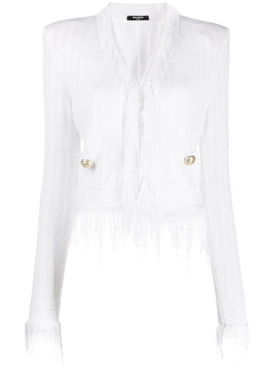 Balmain Fringed Cropped Knitted Jacket In White