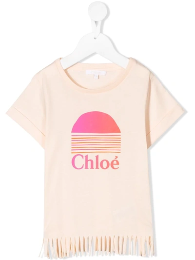 Chloé Kids' Fringed Logo-print T-shirt In Pink