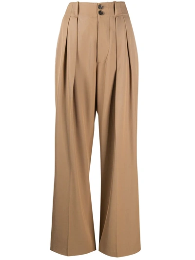 Plan C High-waisted Wide Leg Trousers In Brown