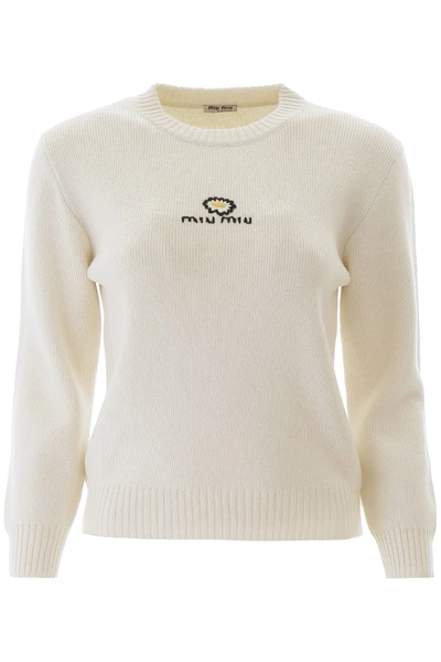 Miu Miu Daisy Embroidery Sweater In Bianco (white)
