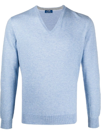 Barba Fine Knit V-neck Jumper In Blue