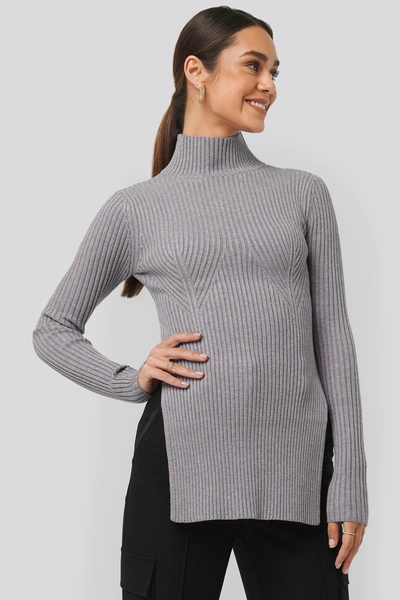 Na-kd Knitted Side Slit Sweater - Grey In Light Grey Melange
