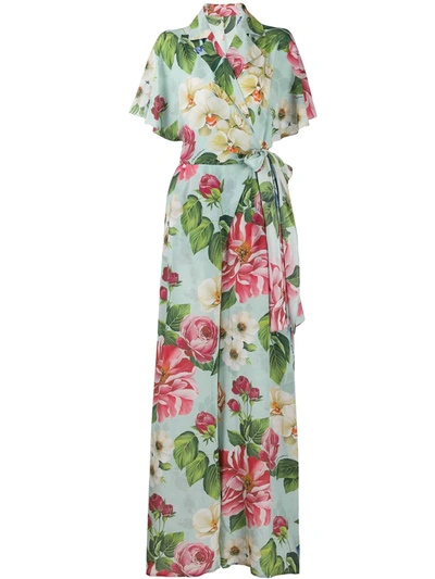 Dolce & Gabbana Floral Print Silk Wide Leg Jumpsuit In Blue