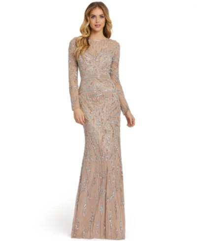 Mac Duggal Sequin & Pearl Beaded Long Sleeve Gown In Mocha