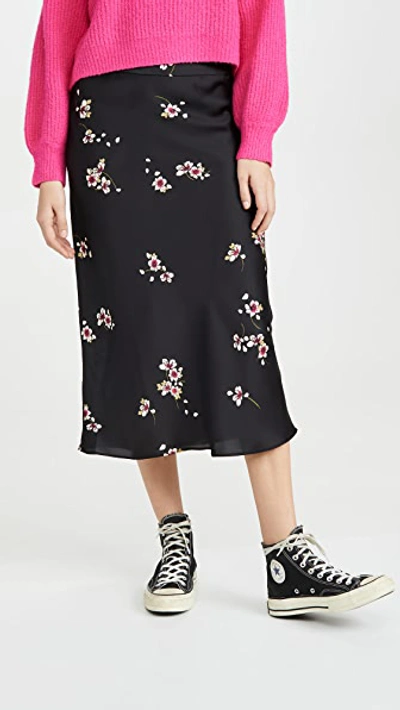 Free People Normani Floral-print Satin Midi Skirt In Black