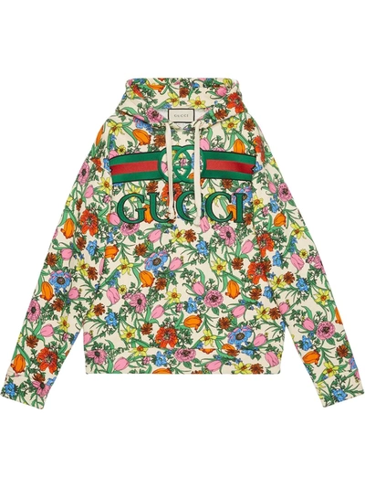 Gucci Floral Logo-embroidered Hoodie In Beige