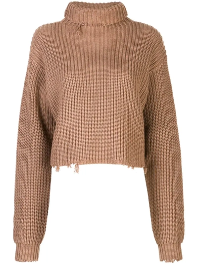 Rta Beau Distressed Ribbed Cotton Turtleneck Sweater In Brown
