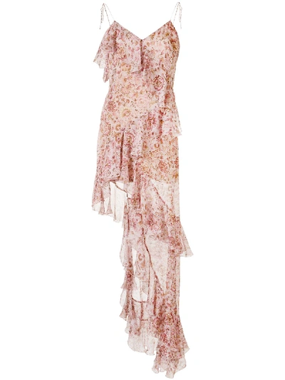 Raquel Diniz Stella Asymmetric Ruffled Floral-print Silk-chiffon Dress In Pink
