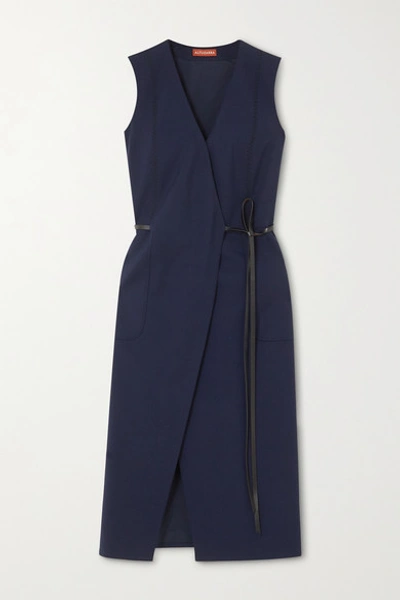 Altuzarra Cather Leather-trimmed Stretch-wool Wrap Midi Dress In Navy