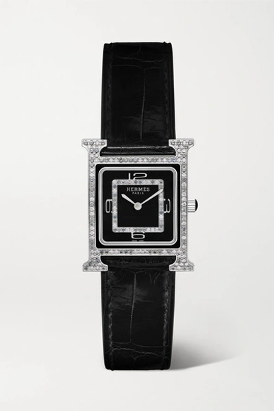 Hermès Timepieces Heure H Bijoux De Soir 21mm 18-karat White Gold, Alligator, Diamond And Spinel Watch In Black
