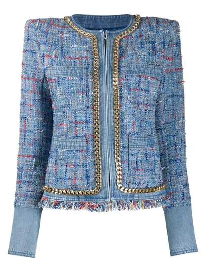Balmain Chain-embellished Cotton-tweed And Denim Blazer In Blue