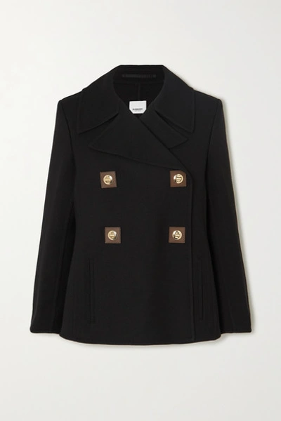 Burberry Double-breasted Leather-trimmed Wool-twill Coat In Black