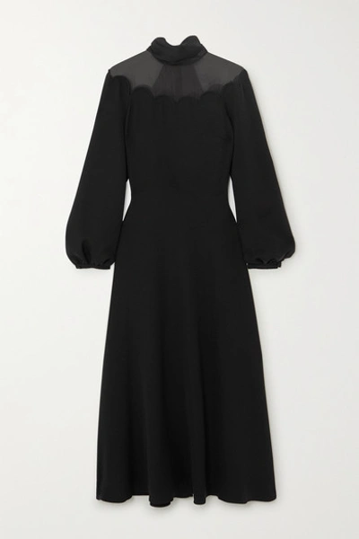 Valentino Tulle-trimmed Scalloped Silk-crepe Midi Dress In Black 