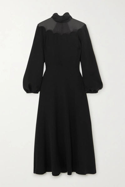 売り切れ必至! VALENTINO☆Tulle-trimmed scalloped silk-crepe midi dress ワンピース Valentino Tulle-trimmed Scalloped Silk-crepe Midi Dress In Black