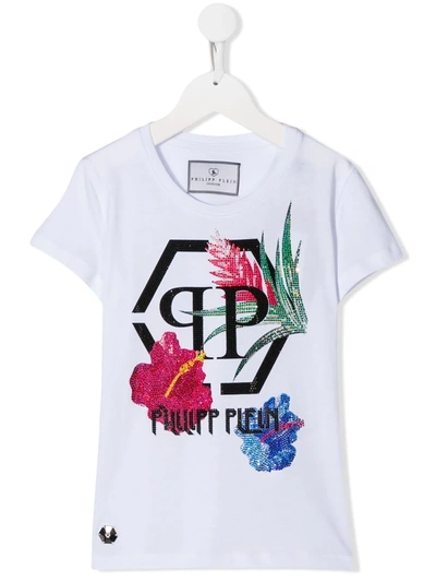 Philipp Plein Junior Kids' Floral Logo Print T-shirt Dress In White