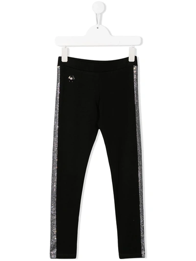 Philipp Plein Junior Kids' Rhinestone Stripe Leggings In Black