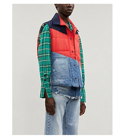 Greg Lauren Padded Denim And Shell-blend Gilet In Red