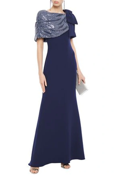 Badgley Mischka Draped Bow-embellished Sequined Crepe Gown In Navy