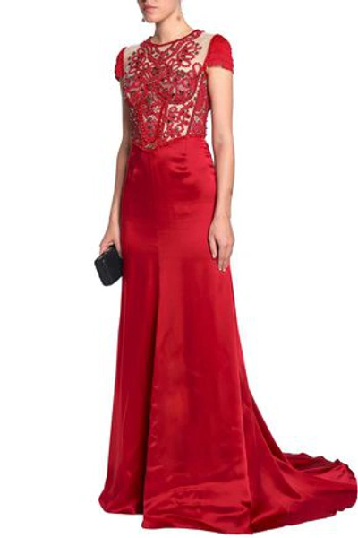 Jenny Packham Embroidered Tulle And Satin Gown In Claret