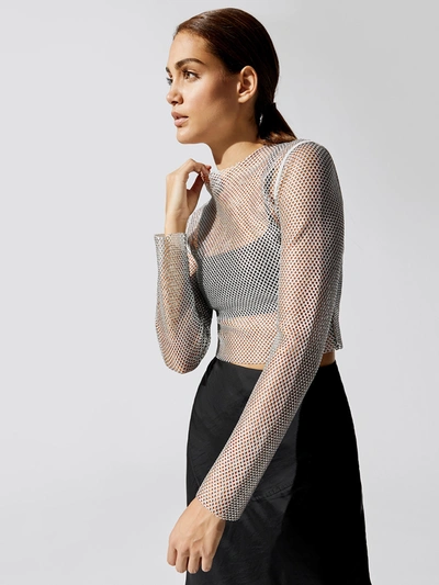 Carbon38 Long Sleeve Mesh Mock Neck Top In Silver