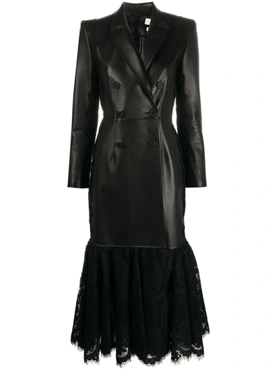 Alexander Mcqueen Double Breast Leather & Lace Long Coat In Black