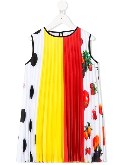 Msgm Kids' Fruit Print Multicolor Pleated Dress In White