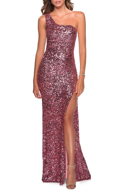 La Femme Glamorous One Shoulder Sequin Gown In Pink