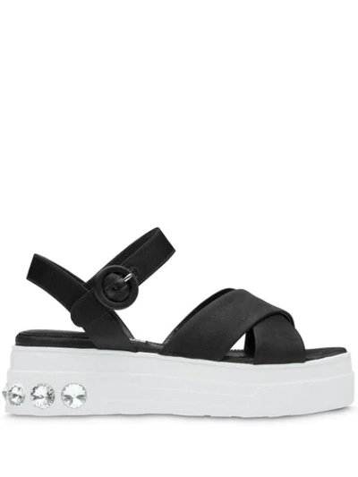 Miu Miu Crystal-embellished Satin Platform Sandals In Black/white