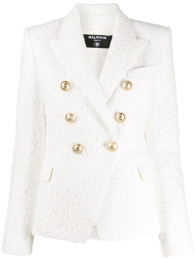 Balmain Double-breasted Tweed Suit Jacket In White