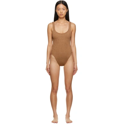 Hunza G + Net Sustain Metallic Seersucker Swimsuit In Brown
