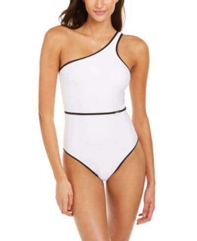 Calvin Klein Belted Bound One-shoulder One-piece Swimsuit Women's Swimsuit In Soft White