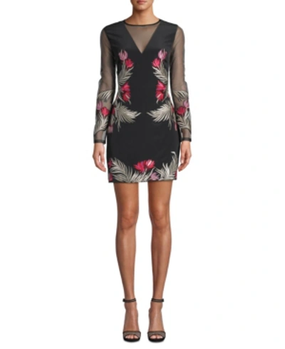 Nicole Miller Flower Fire Embroidered Illusion Dress In Black Multi