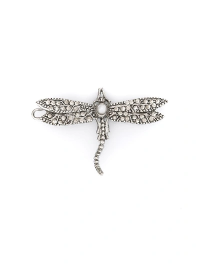 Oscar De La Renta Pave And Imitation Pearl Dragonfly Barrette In Silver