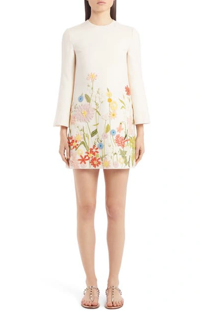 Valentino Embroidered Floral Wool & Silk Long Sleeve Shift Dress In Avorio/ Multicolor