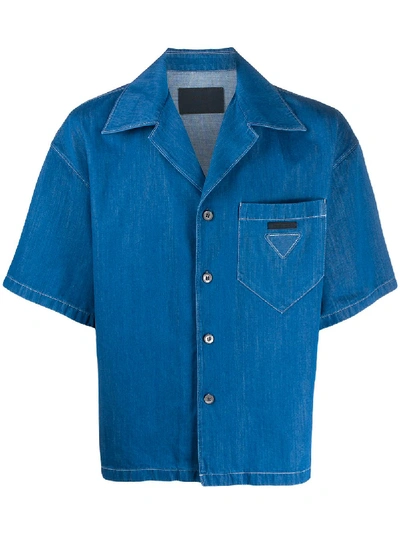 Prada Triangle Patch Denim Shirt In Blau