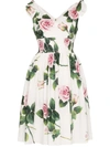 Dolce & Gabbana Floral Print Smocked Waist Dress In Weiss