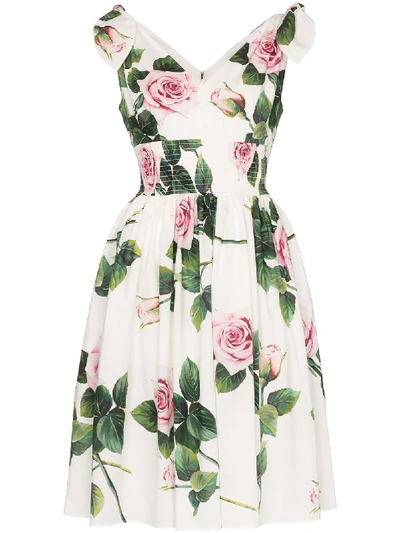 Dolce & Gabbana Floral Print Smocked Waist Dress In Weiss