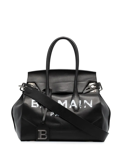 Balmain Black Logo Print Leather Shoulder Bag