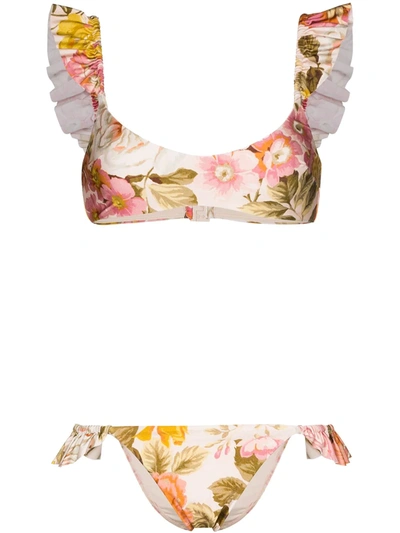 Zimmermann Bonita Ruffled Floral-print Bikini Set In Brown