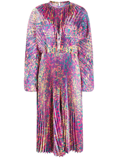 Vetements Pleated Fluorescent Leopard Print Dress In Multicolor