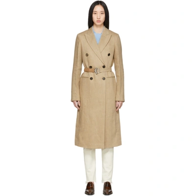 Victoria Beckham Linen Coat With Leather Belt In Natural